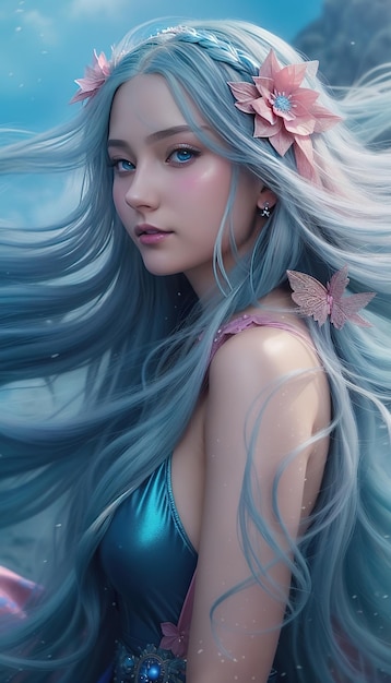 Beautiful fantasy lady with blue eyes and hair free download