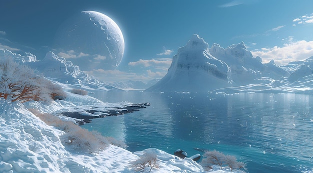 A beautiful fantasy landscape of an icy planet with snowcovered mountains