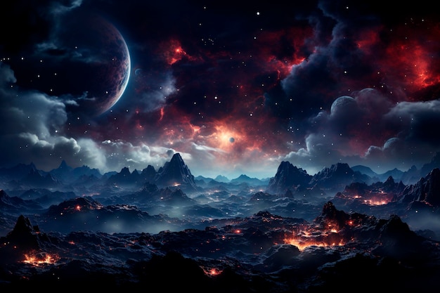 Beautiful fantasy landscape of the planet earth with a moon and starsgenerative ai