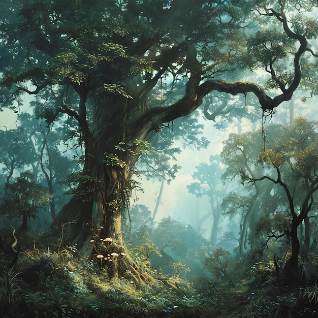 Beautiful fantasy landscape with old tree in the forest Digital painting