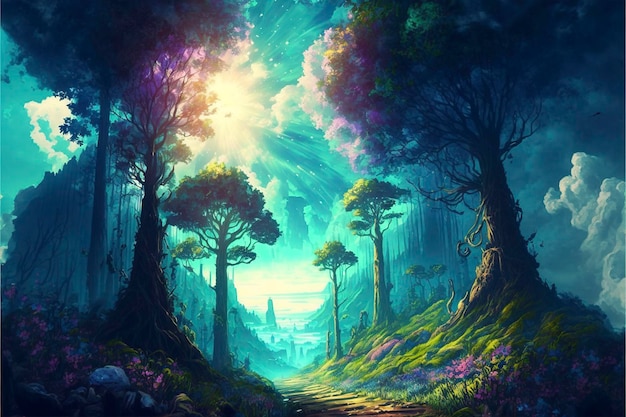 beautiful fantasy setting, very colorful, run rays, blue sky