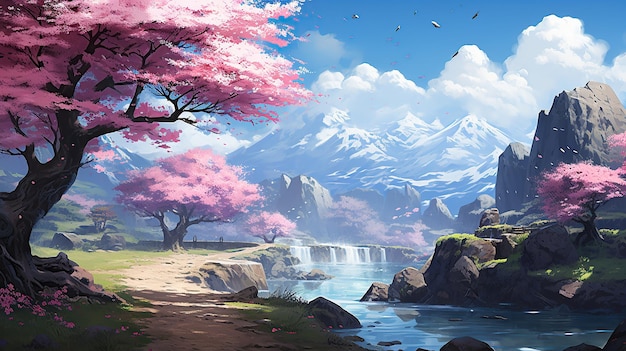 Beautiful fantasy spring nature landscape and cherry blossom tree animated background in japanese anime watercolor Generative AI