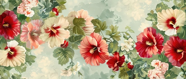 beautiful fantasy vintage botanical Hollyhock flowers wallpaper background digital illustration motif for floral pattern fabric print cover invitation poster banner