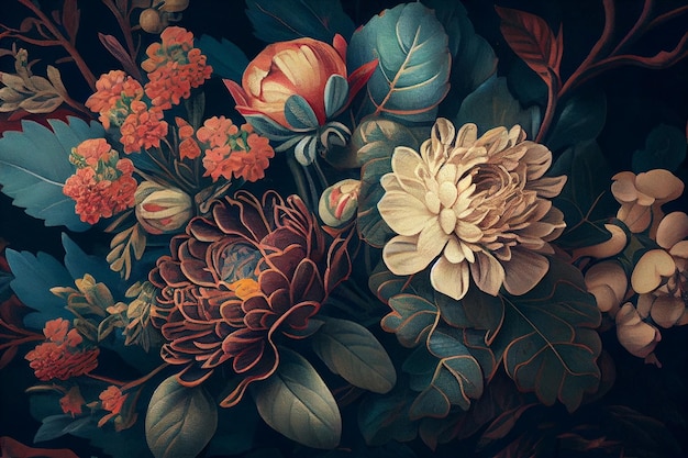 Beautiful fantasy vintage wallpaper botanical flower bunchgenerative ai