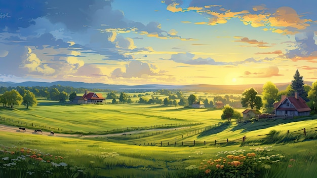 Beautiful Farmland Landscape at Sunrise with Rural Farm and Fields in Countryside Village.