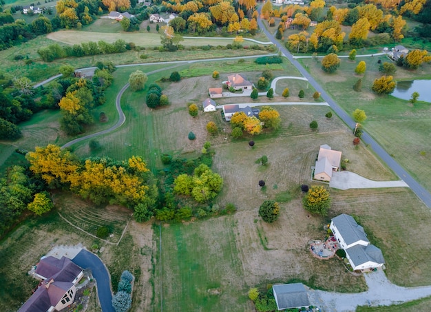 Beautiful farmland in the Ohio countryside house barn aerial view of american landscape