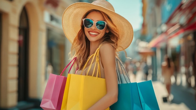 Beautiful fashionable African American woman with colorful shopping bags in surprised sale concept