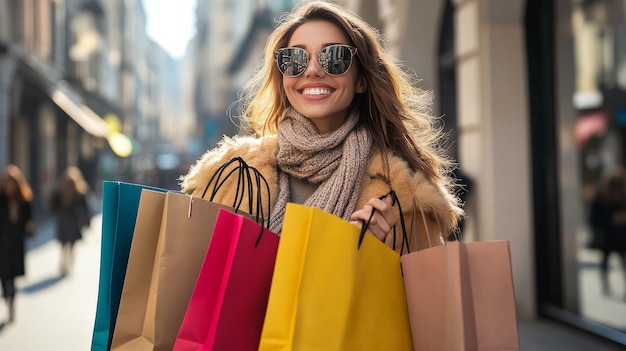 Beautiful fashionable African American woman with colorful shopping bags in surprised sale concept