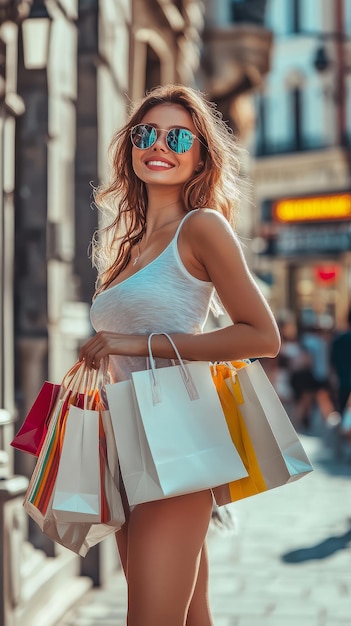 Beautiful fashionable African American woman with colorful shopping bags in surprised sale concept