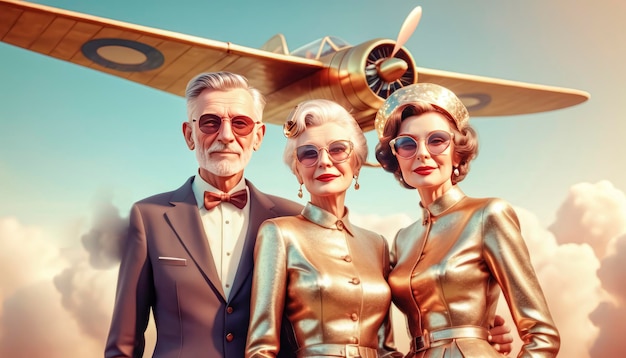 Beautiful and fashionable elderly people against the background of airplanes active and happy life