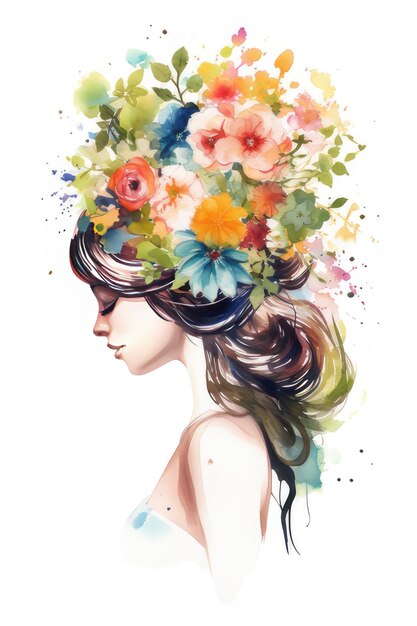 Beautiful fashionable woman in profile with flowers in her hair Spring