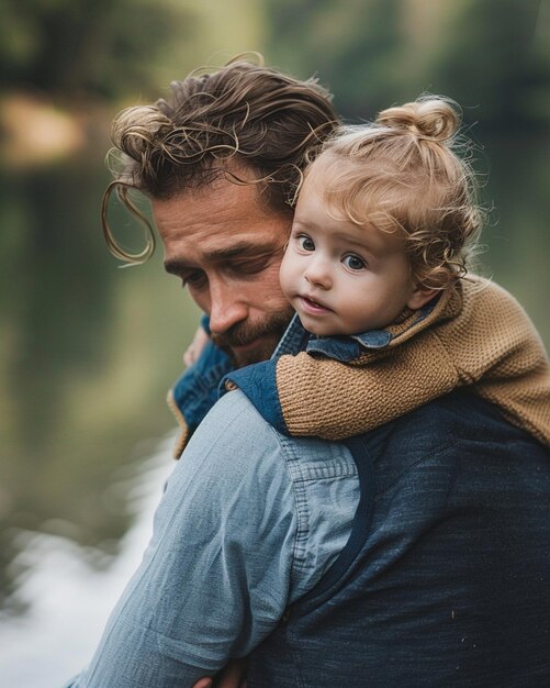 Photo beautiful fathers day photo shoot in kind and smiling poses wonderful place in nature