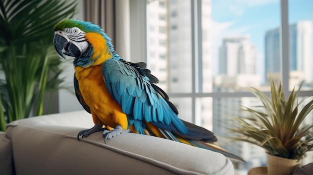 A beautiful feathered blue macaw lives in a luxurious house