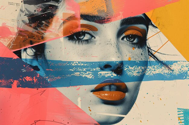 beautiful female face portrait in abstract digital glitch collage art with shapes grunge effect