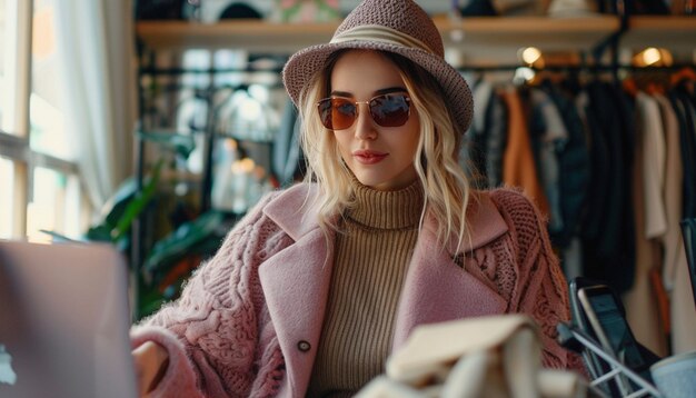 Photo beautiful female fashion blogger making blog about shopping