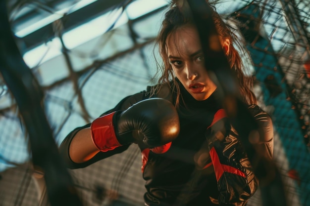 Photo a beautiful female fighter training at a boxing gym