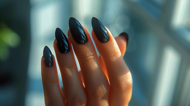 Beautiful female hands with black nail design Manicure Manicure design concept