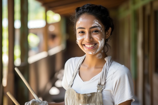 Beautiful female house painter smiling on the background of the house Labor Day craftwoman worker