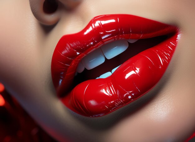 Photo beautiful female lips with red glossy lipstick close up shot