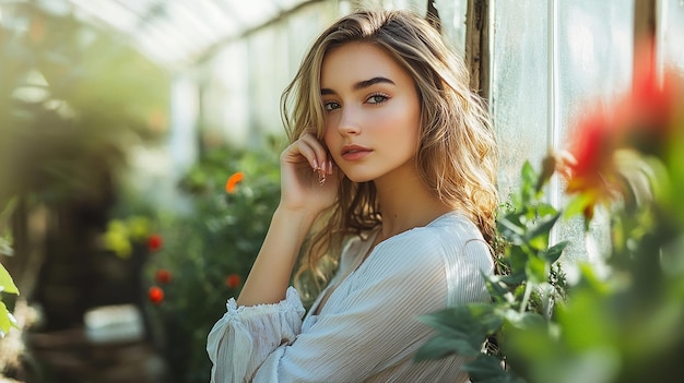 Photo beautiful female model posing in greenhouse