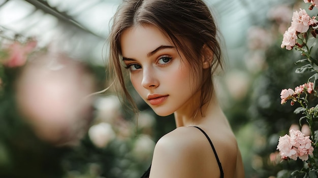 Beautiful Female Model Posing in Greenhouse