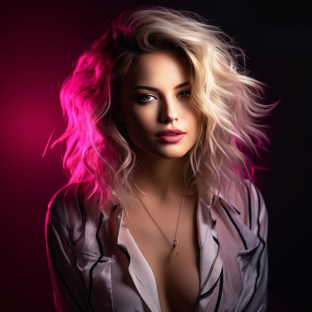 Beautiful female photo with blonde hair in colorful lights bokeh background blur AI Generated