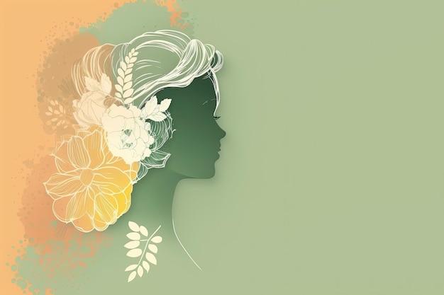 Beautiful female profile Pretty woman with a cute hairstyle with flowers on colored background Generative AI