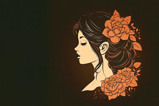 Beautiful female profile Pretty woman with a cute hairstyle with flowers on dark background Generative AI