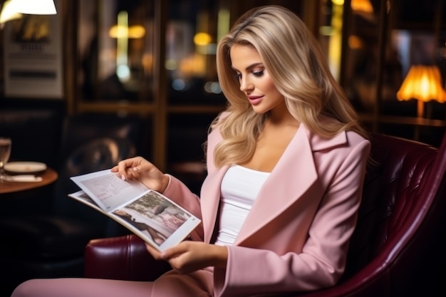 Beautiful female reading fashion magazine