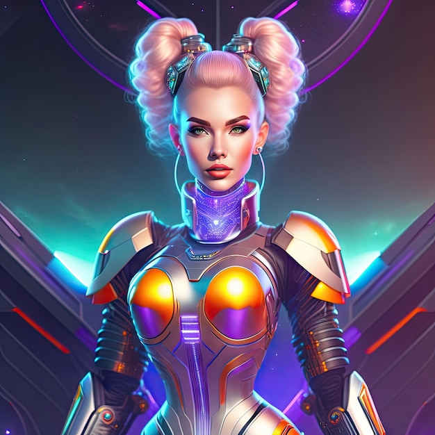 Beautiful female robot cyborg on space nebula background Neonpunk pin up style 3d illustration