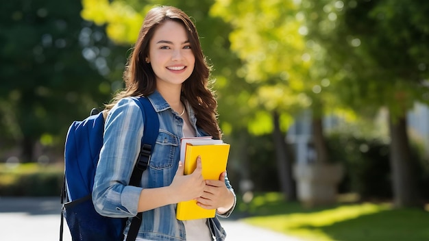 Beautiful female student with backpack and books outdoors