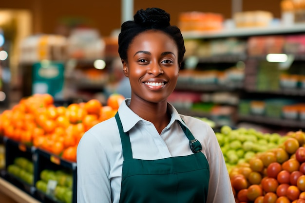 Beautiful female supermarket worker on a background of fresh vegetables and fruits