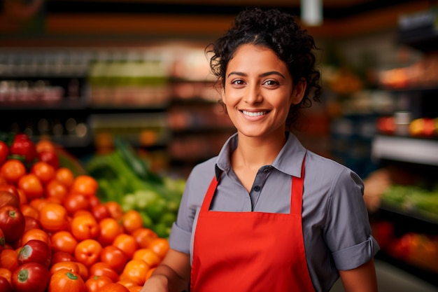 Beautiful female supermarket worker on a background of fresh vegetables and fruits