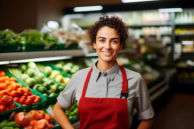 Beautiful female supermarket worker on a background of fresh vegetables and fruits