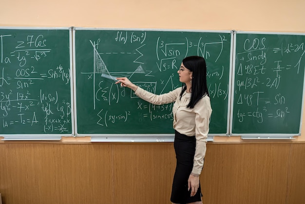 Beautiful female teacher near blackboard learn mathematical in classroom, back view