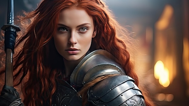 Beautiful female warrior in medieval metal armor with sword Fairy tale stories about warriors movie tone