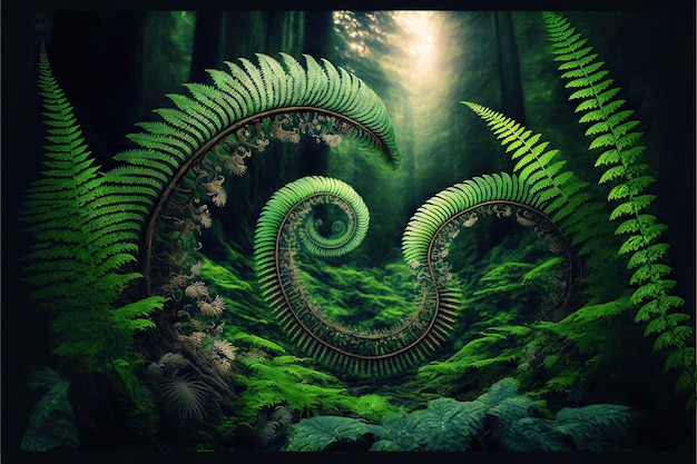 Beautiful ferns in jurassic period nature created with generative ai