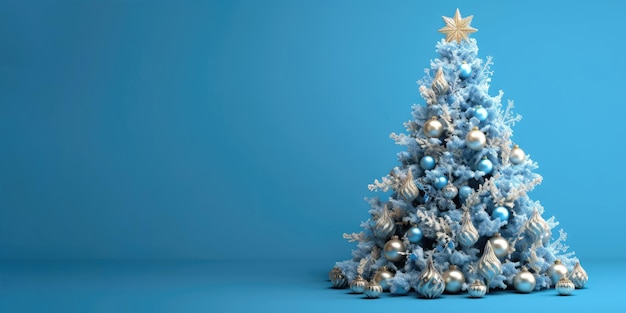 Beautiful festive Christmas background Christmas tree decorated with balls on a blue background banner format copy space AI generated