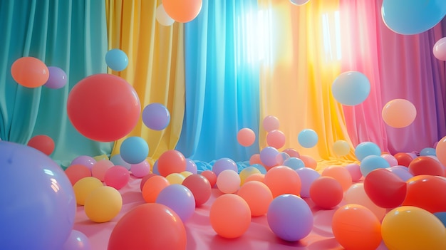 A beautiful and festive image of a room filled with colorful balloons