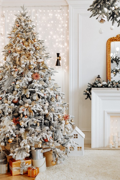 Beautiful festively decorated room with a Christmas tree