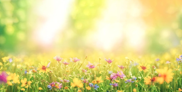 Beautiful field meadow flowers chamomile blue wild peas in morning nature landscape closeup macro Wide format copy space Delightful pastoral airy artistic image Generative AI