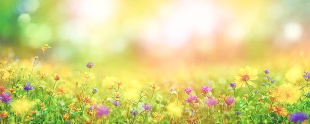 Beautiful field meadow flowers chamomile blue wild peas in morning nature landscape closeup macro Wide format copy space Delightful pastoral airy artistic image Generative AI