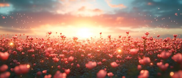 Beautiful Field of Pink Flowers at Sunset