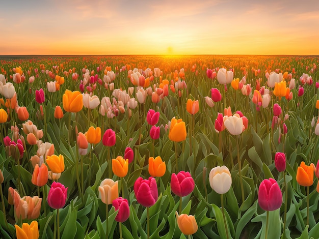 Beautiful field of pink yellow and white tulips with a sunset Generative AI