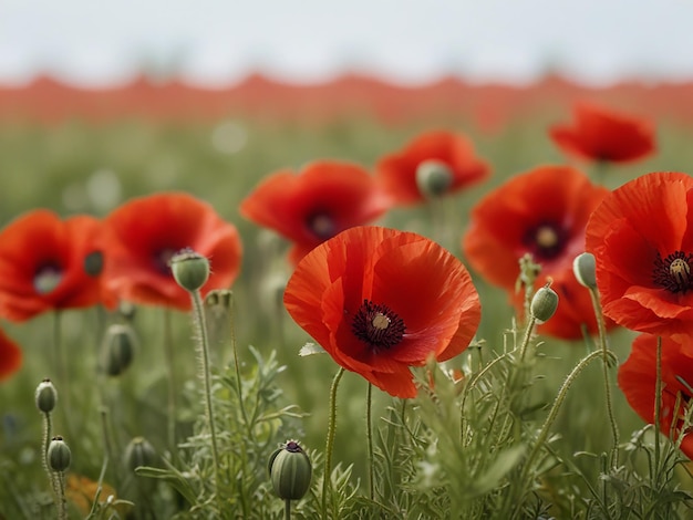 Beautiful field of red poppies in sunset light