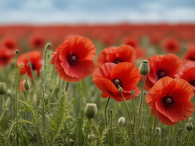 Beautiful field of red poppies in sunset light