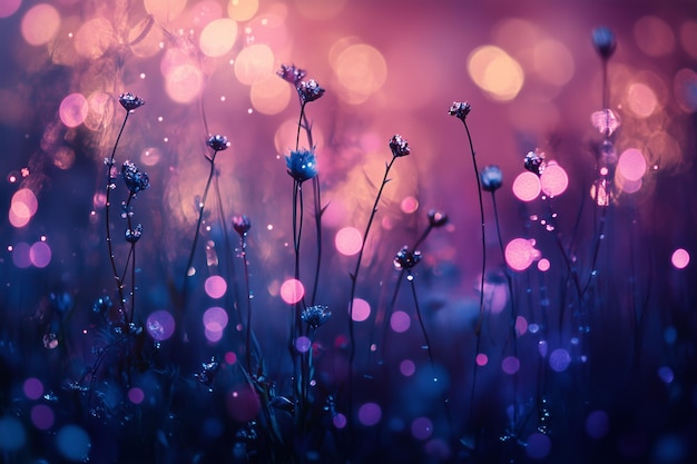 Photo a beautiful field of wildflowers with colorful bokeh lights during twilight creating a magical atmosphere at dusk