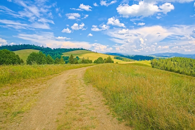 Beautiful field with a dirt road on a hill hills covered with grass behind the mountains and the sky with barns landscape background