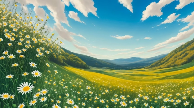 Beautiful field with fresh and yellow dandelion flowers in nature against a blurry blue sky