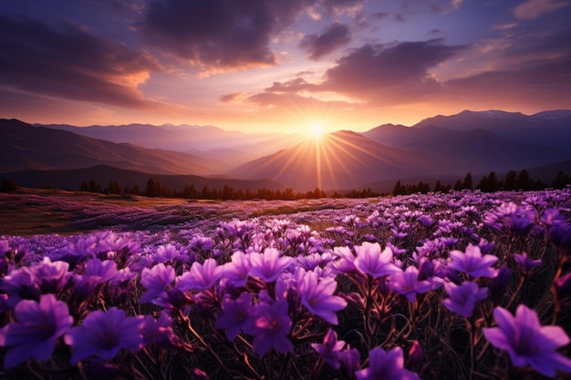 a beautiful field with purple flowers and mountains in the background